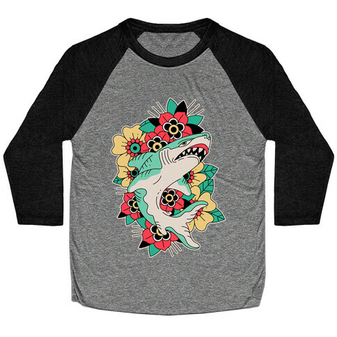 Floral Shark Traditional Tattoo Baseball Tee