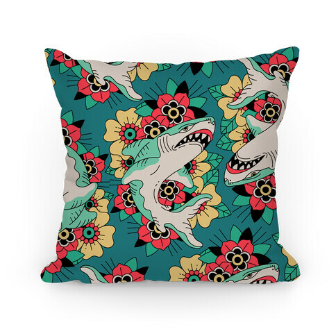 Floral Shark Traditional Tattoo Pillow