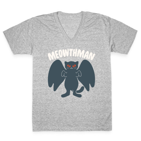 Meowthman Mothman Cat Parody White Print V-Neck Tee Shirt