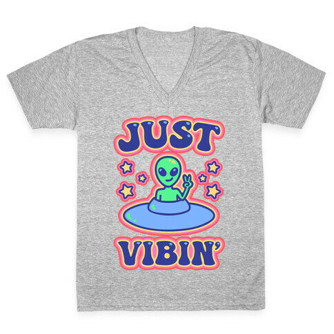 Just Vibin' Alien White Print V-Neck Tee Shirt