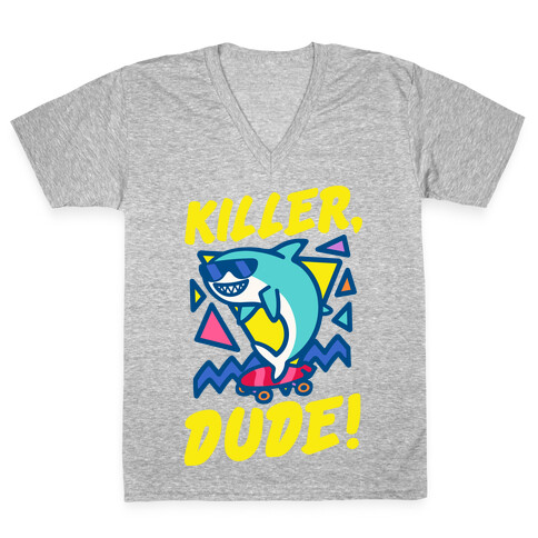 Killer Dude Shark White Print V-Neck Tee Shirt