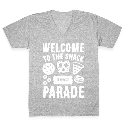 Welcome to The Snack Parade Parody White Print V-Neck Tee Shirt