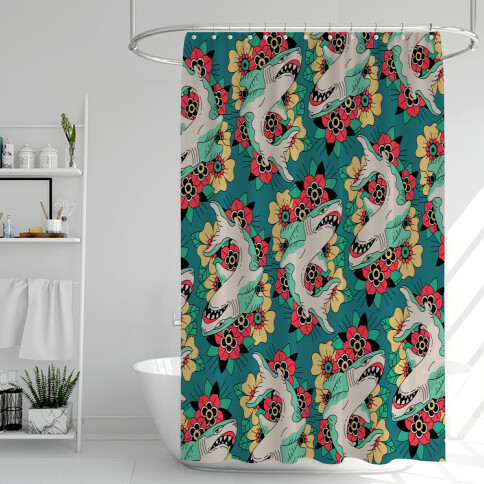 Floral Shark Traditional Tattoo Shower Curtain