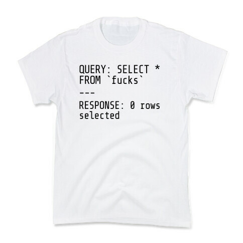 QUERY: SELECT* FROM 'F***s' -- RESPONSE: 0 rows selected Kids T-Shirt