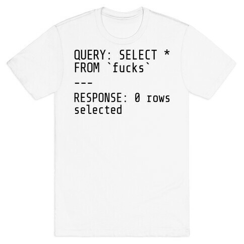 QUERY: SELECT* FROM 'F***s' -- RESPONSE: 0 rows selected T-Shirt