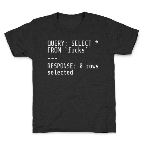 QUERY: SELECT* FROM 'F***s' -- RESPONSE: 0 rows selected Kids T-Shirt