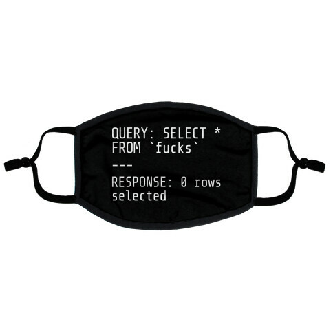 QUERY: SELECT* FROM 'F***s' -- RESPONSE: 0 rows selected Flat Face Mask