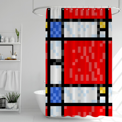 Pixelated Composition With Red Blue And Yellow Shower Curtain