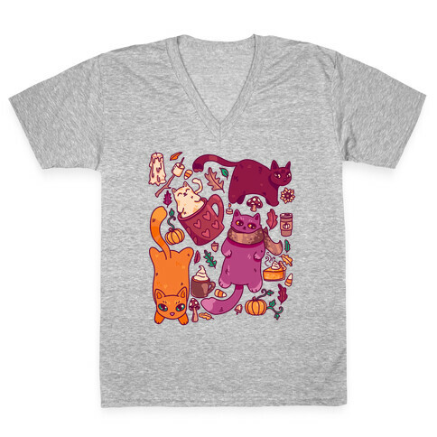 Fall Cats Pattern V-Neck Tee Shirt