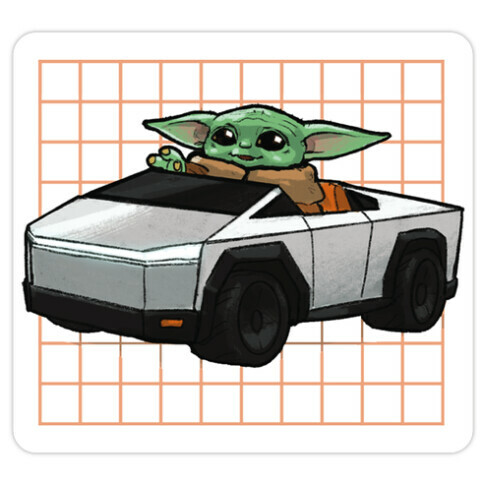 Baby Yoda in a Cyber Truck Die Cut Sticker