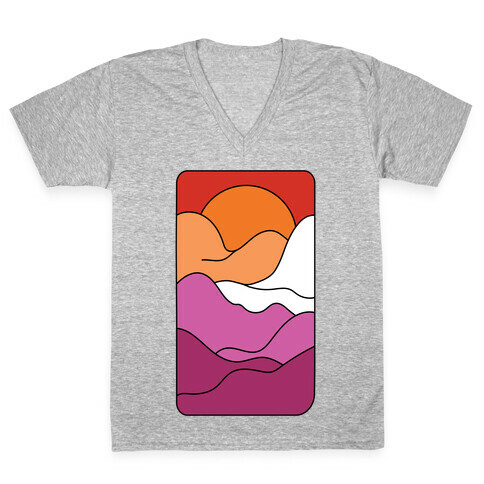 Groovy Pride Flag Landscapes: Lesbian Flag V-Neck Tee Shirt