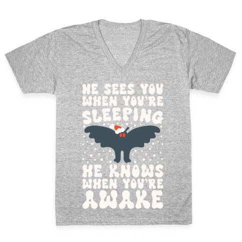 He Sees You When You're Sleeping Mothman Parody V-Neck Tee Shirt