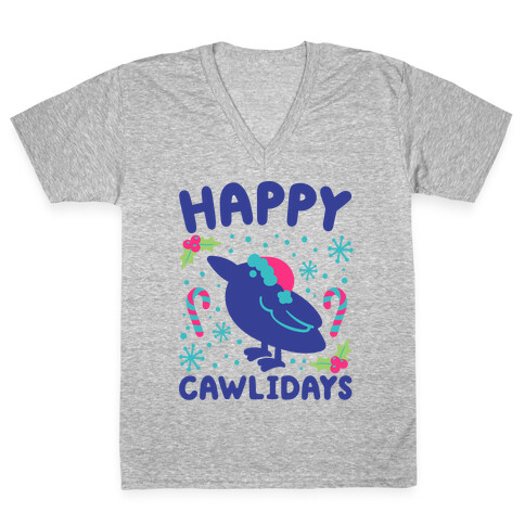 Happy Cawlidays Crow Holiday Parody V-Neck Tee Shirt