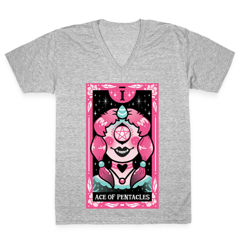 Creepy Cute Tarot: Ace Of Pentacles V-Neck Tee Shirt