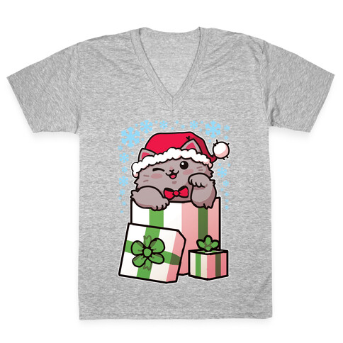 Cute Christmas Cat V-Neck Tee Shirt