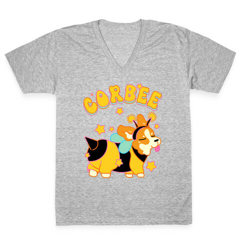 Corbee Corgi in a Bee Costume V-Neck Tee Shirt