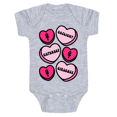 Gaslight Gatekeep Girlboss Candy Hearts Parody Baby One-Piece