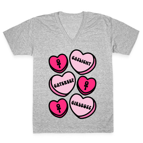Gaslight Gatekeep Girlboss Candy Hearts Parody V-Neck Tee Shirt