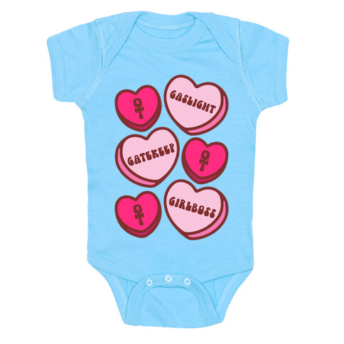 Gaslight Gatekeep Girlboss Candy Hearts Parody Baby One-Piece