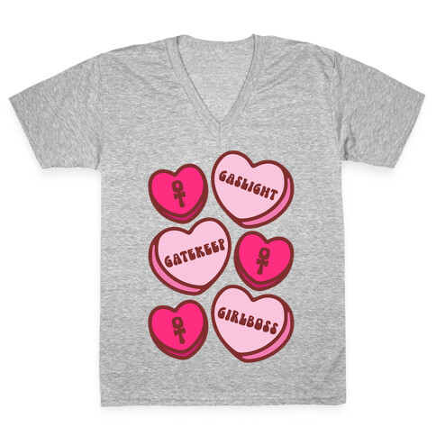 Gaslight Gatekeep Girlboss Candy Hearts Parody V-Neck Tee Shirt