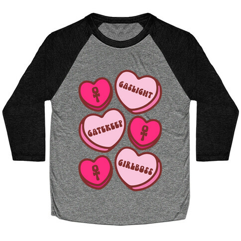 Gaslight Gatekeep Girlboss Candy Hearts Parody Baseball Tee