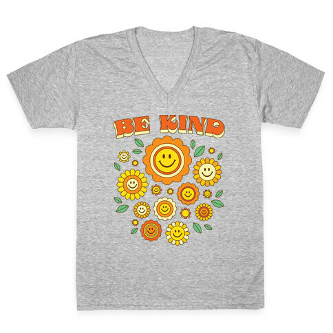 Be Kind Flower Power Smileys V-Neck Tee Shirt