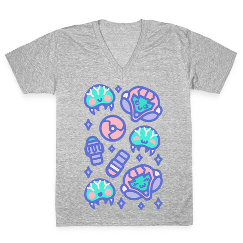 Kawaii Pastel Space Bounty Hunter and Aliens Parody Pattern V-Neck Tee Shirt