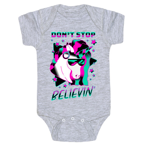 Don't Stop Believin' 80s Synthwave Unicorn Baby One-Piece