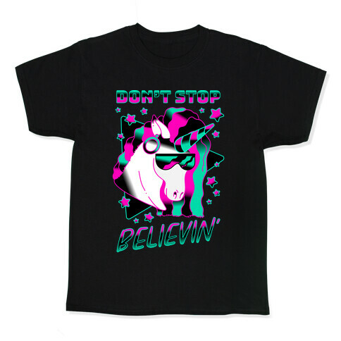 Don't Stop Believin' 80s Synthwave Unicorn Kids T-Shirt