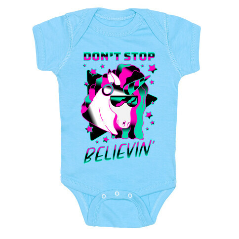 Don't Stop Believin' 80s Synthwave Unicorn Baby One-Piece