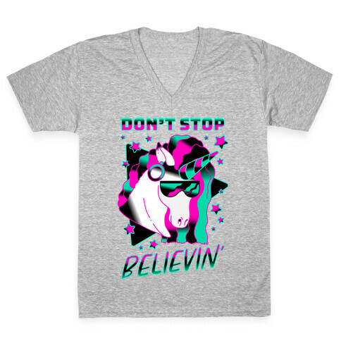 Don't Stop Believin' 80s Synthwave Unicorn V-Neck Tee Shirt