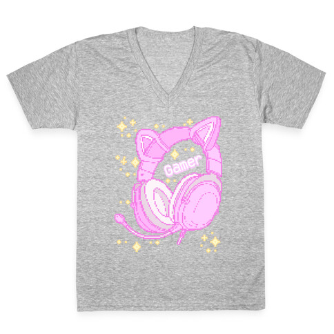 Pixel Gamer Cat Ear Headphones V-Neck Tee Shirt