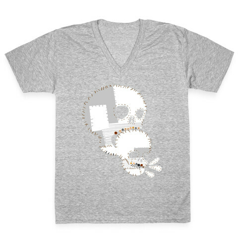 Stitched Skull Eating Another Skull  V-Neck Tee Shirt