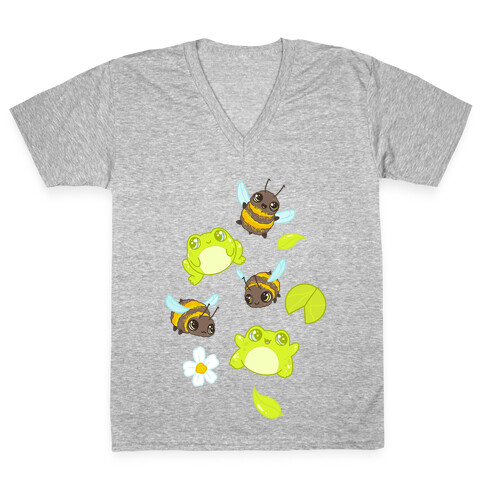 Cute Bees and Frogs Pattern V-Neck Tee Shirt
