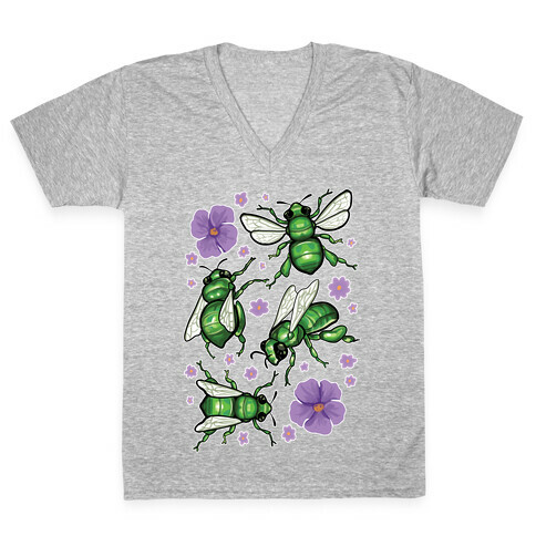 Green Orchid Bee Pattern V-Neck Tee Shirt