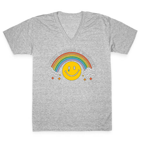 Barely Holding It Together Rainbow Smiley V-Neck Tee Shirt
