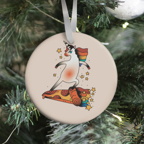 Rad Unicorn Skateboarding a Pizza Tattoo Ornament