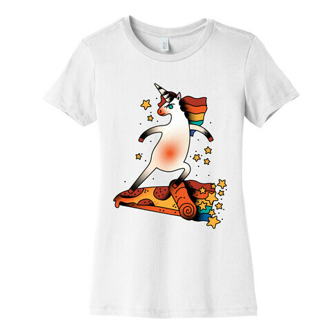 Rad Unicorn Skateboarding a Pizza Tattoo Womens T-Shirt