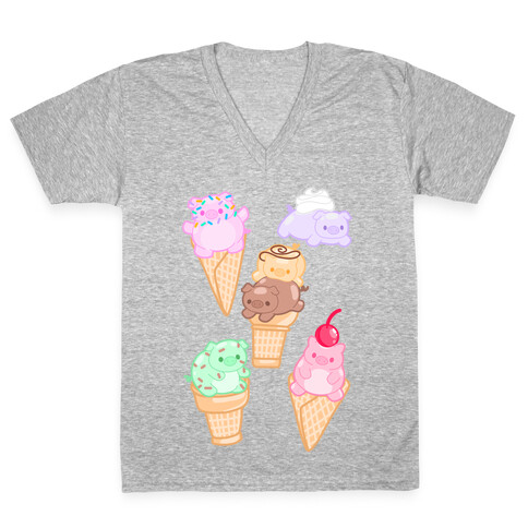 Ice Cream Pigs Pattern V-Neck Tee Shirt