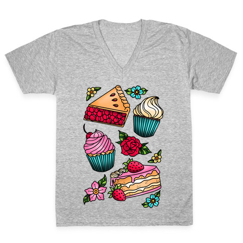 Traditional Tattoo Style Desserts V-Neck Tee Shirt