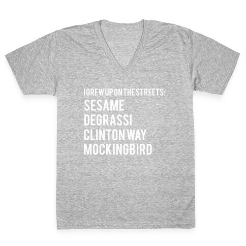 I Grew Up On The Streets: Sesame Degrassi Clinton Way Mockingbird V-Neck Tee Shirt