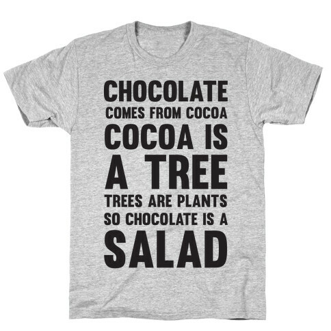 Chocolate Comes From Cocoa, Cocoa Is A Tree, Trees Are Plants, So Chocolate Is A Salad T-Shirt