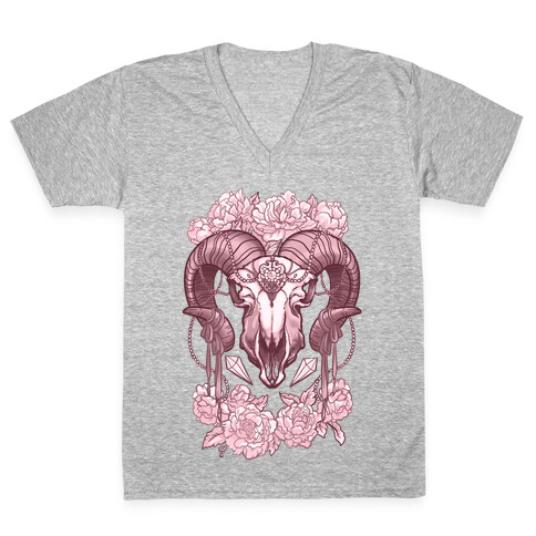 Flowery Ram Skull V-Neck Tee Shirt