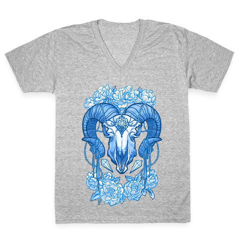 Flowery Ram Skull V-Neck Tee Shirt