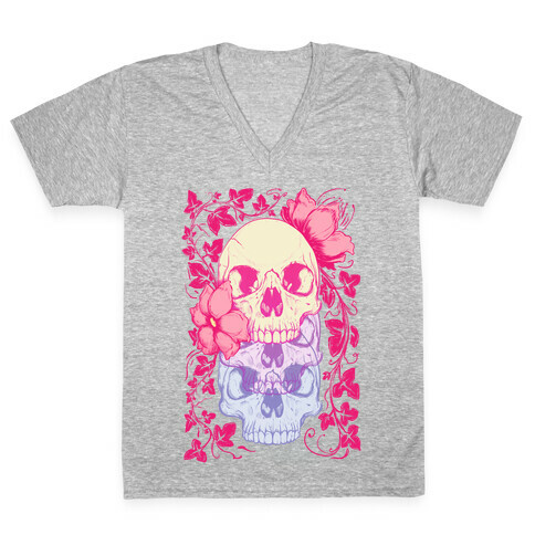 Skull of Vines and Flowers V-Neck Tee Shirt