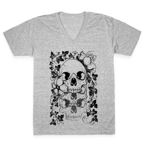 Skull of Vines and Flowers V-Neck Tee Shirt