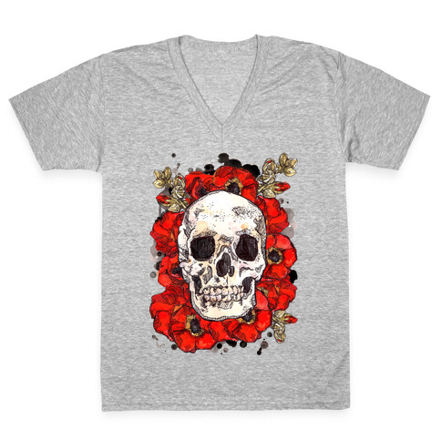 Skull on a Bed of Poppies V-Neck Tee Shirt