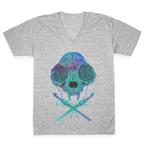 Cat Skull & Crochet Hooks V-Neck Tee Shirt