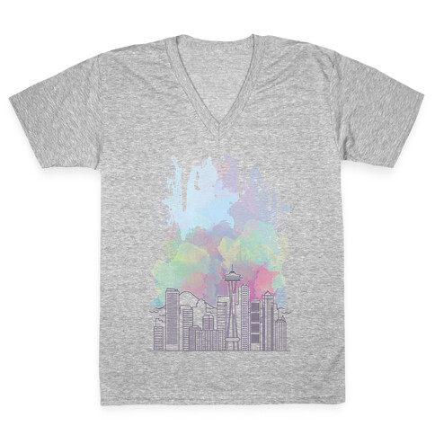 Seattle Graphic Watercolor Cityscape V-Neck Tee Shirt