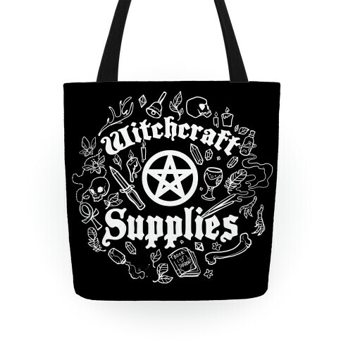 Witchcraft Supplies with Pentagrams, Crystals & Feathers Tote
